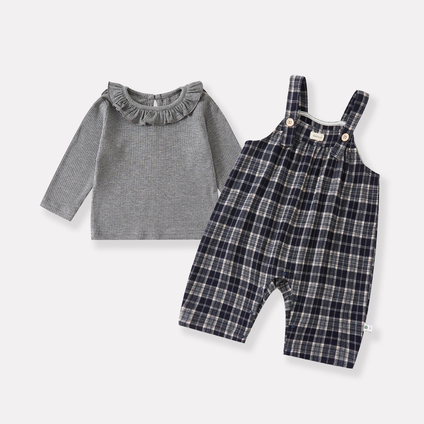 Simple Leaf Collar Knit Bodysuit for Baby Girls Plaid Overalls Two-Piece Set
