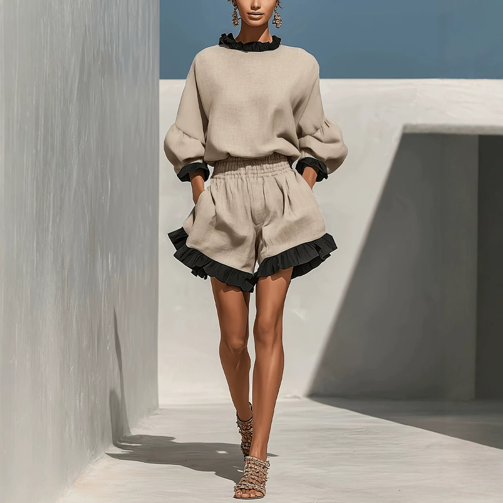 Ruffled Linen Two-piece Set Round Neck Lantern Sleeve Top with High Waist Pocket Shorts