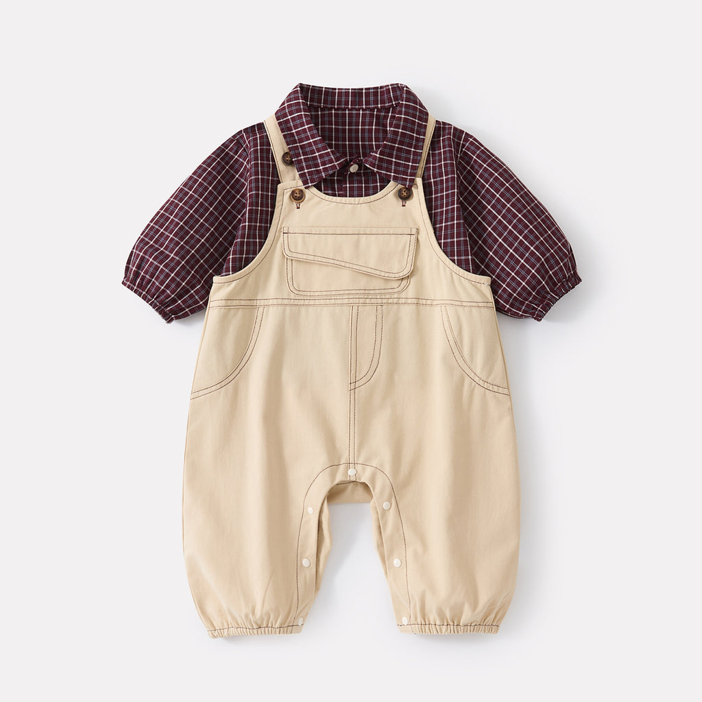 Casual Simple Plaid Shirt Baby Open Crotch Elastic Cuff Overalls Two-Piece Set