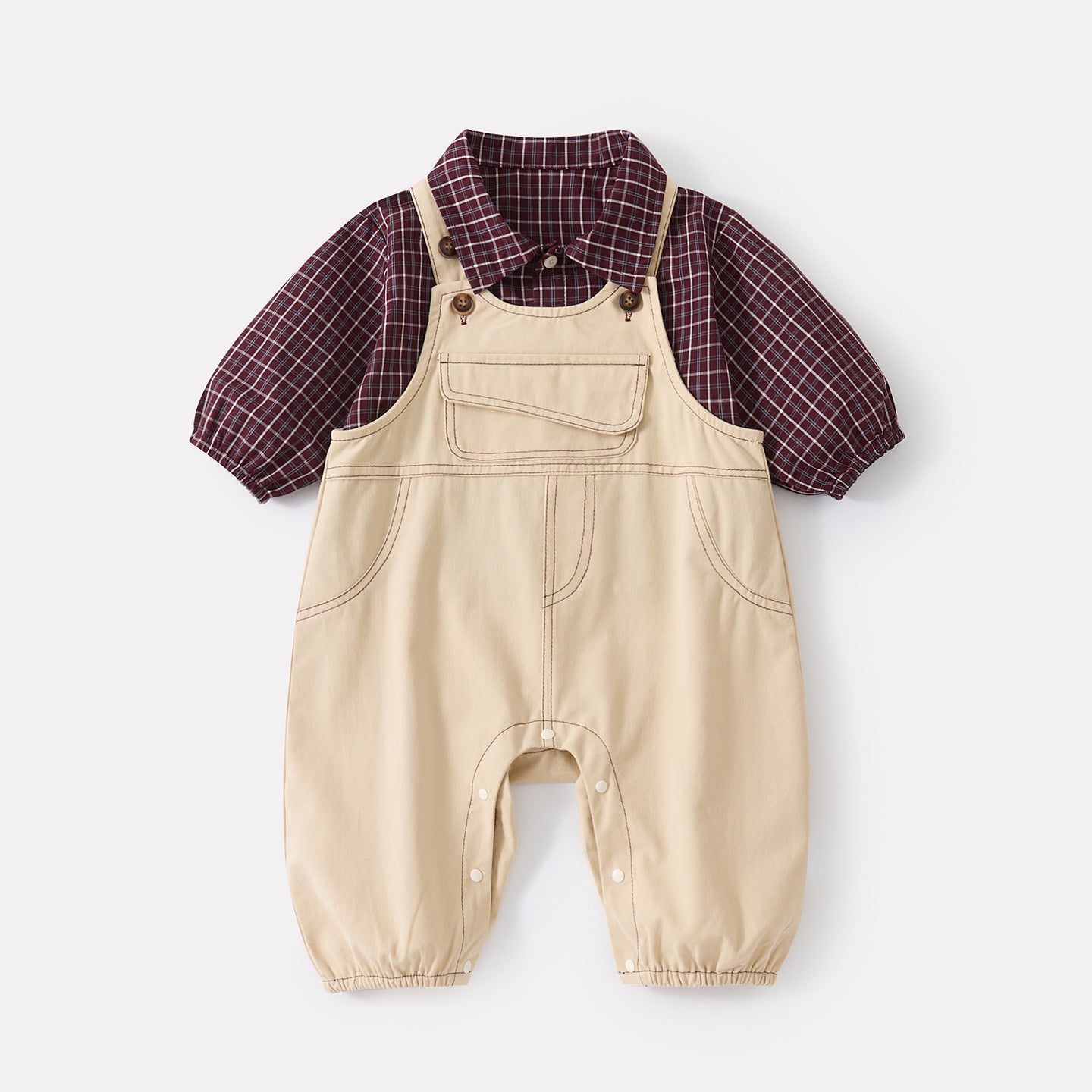 Casual Simple Plaid Shirt Baby Open Crotch Elastic Cuff Overalls Two-Piece Set