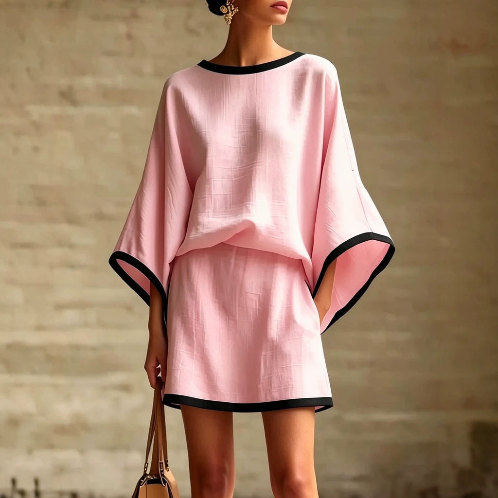Cotton Linen Casual Batwing Sleeve Top and Skirt Two-Piece Set for Women