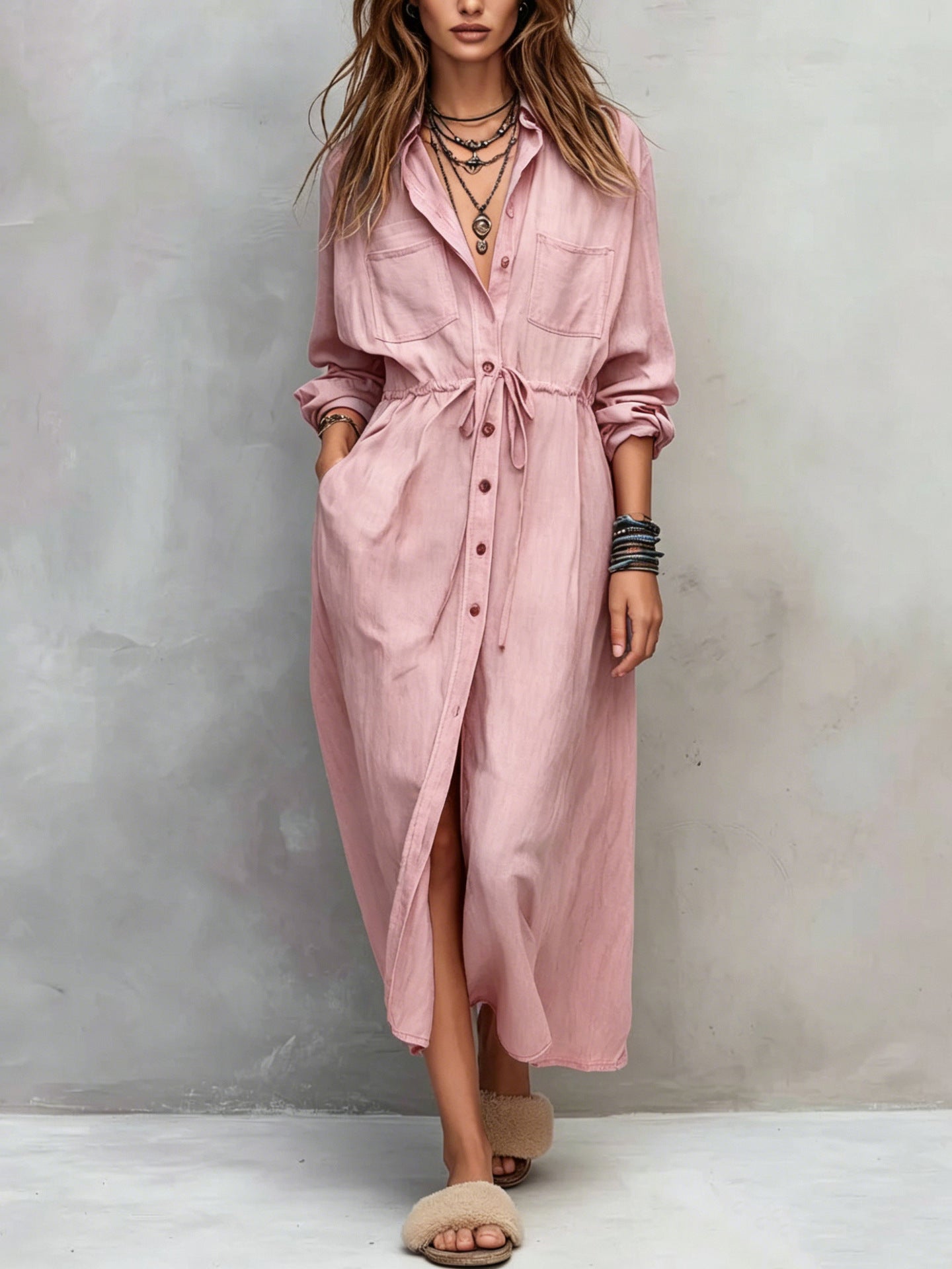 Spring and Autumn Casual Drawstring Waist Shirt Dress Loose Style for Women
