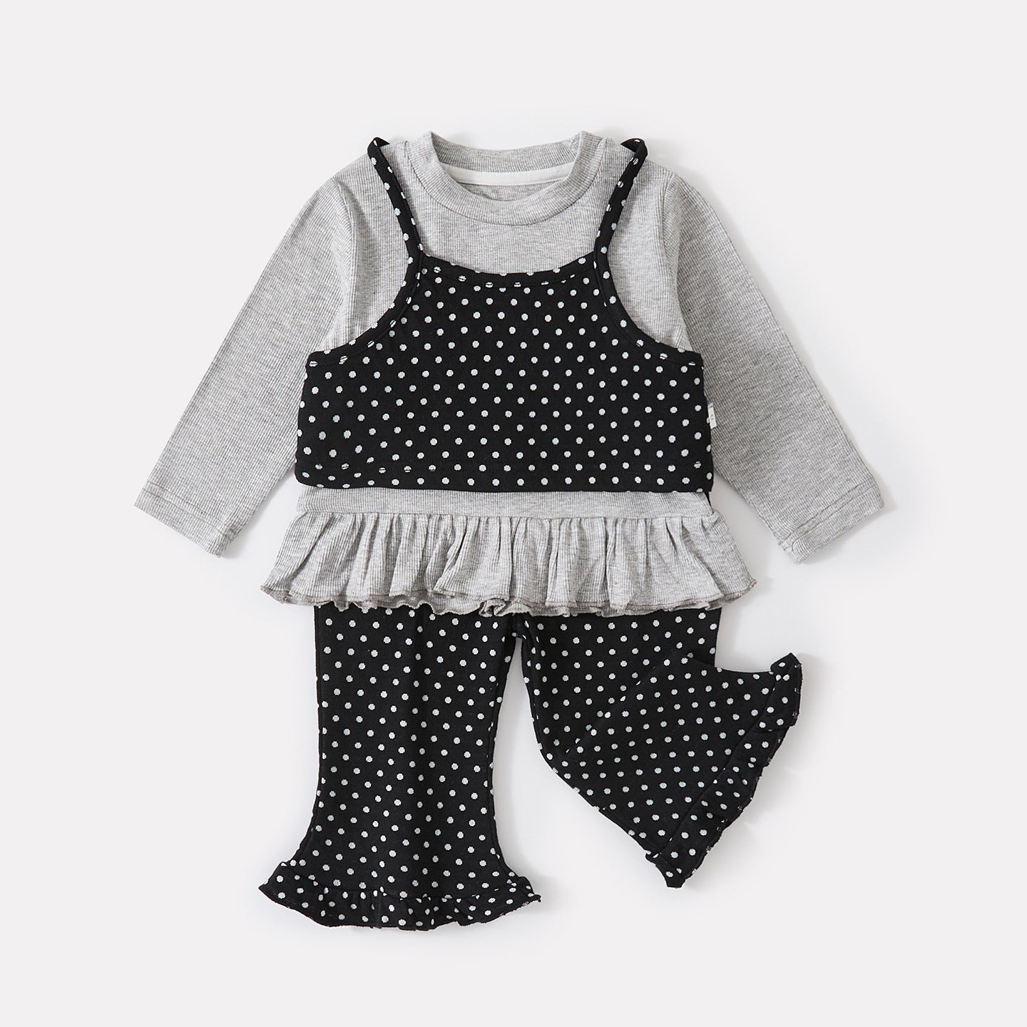 False Two-Piece Polka Dot Top with Ruffled Trim, Slim Fit Flared Pants Set for Baby Girls