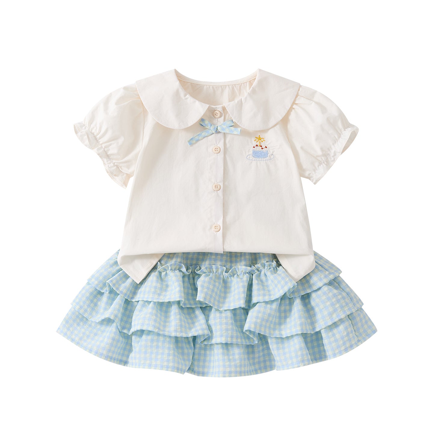 Infant Butterfly Bow Peter Pan Collar Cartoon Shirt and Checkered Cake Skirt Two-Piece Set