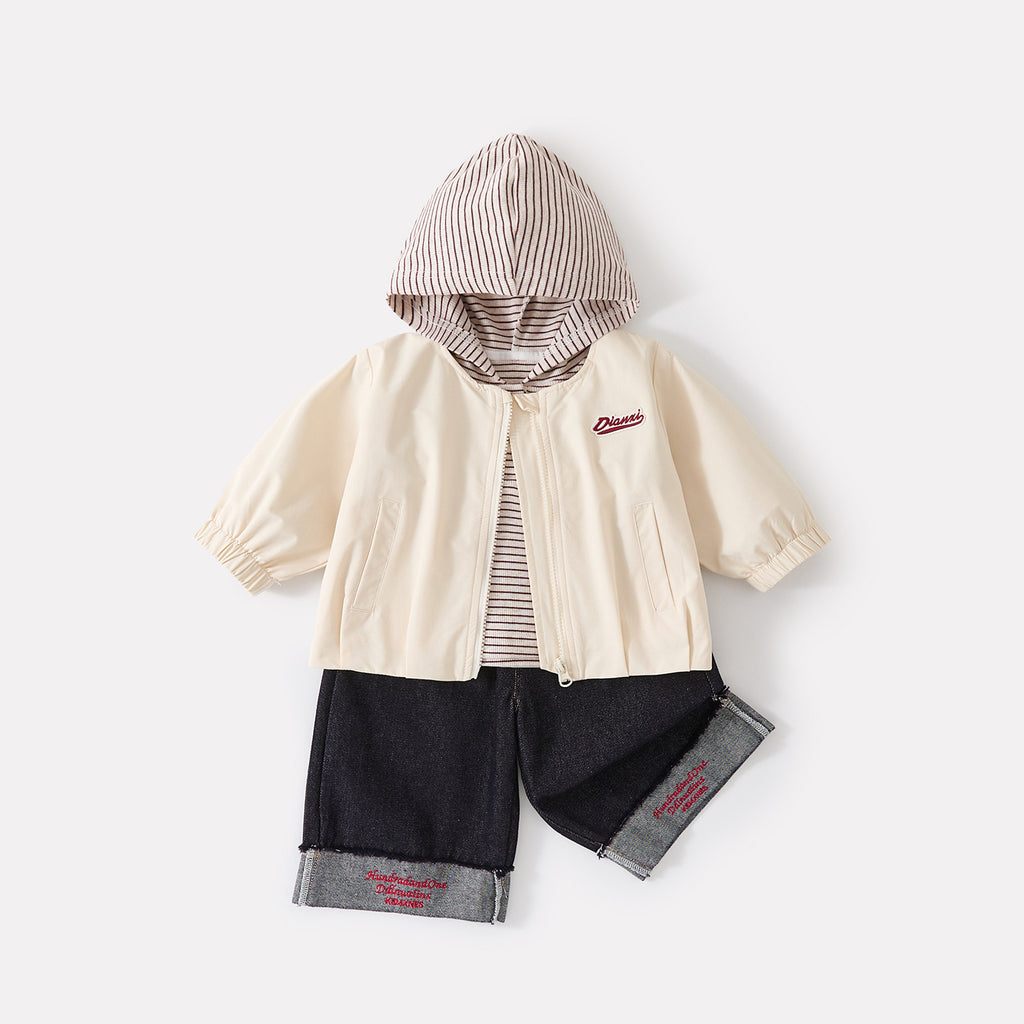 Boys' Autumn Striped Hooded Top, Embroidered Cuff Jeans Three-Piece Set