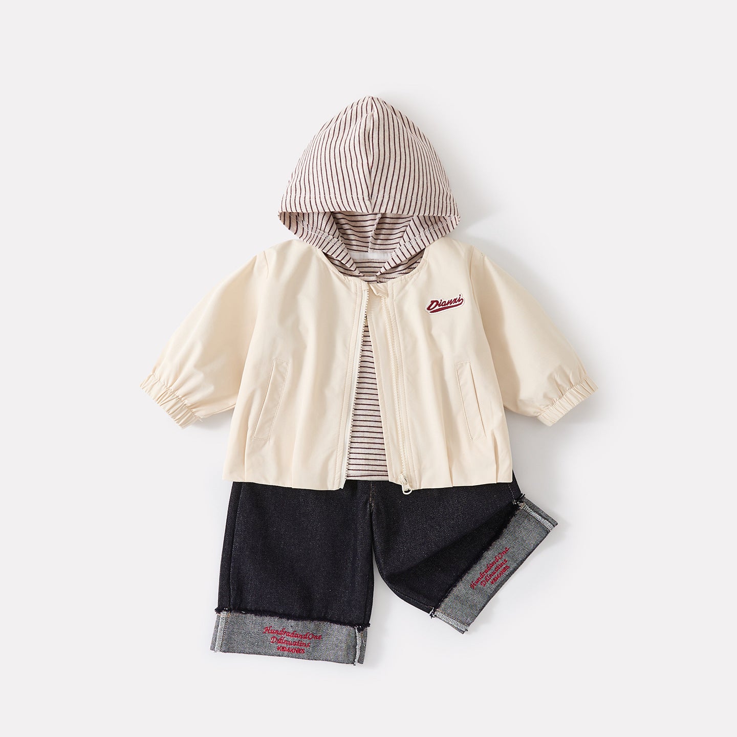 Boys' Autumn Striped Hooded Top, Embroidered Cuff Jeans Three-Piece Set