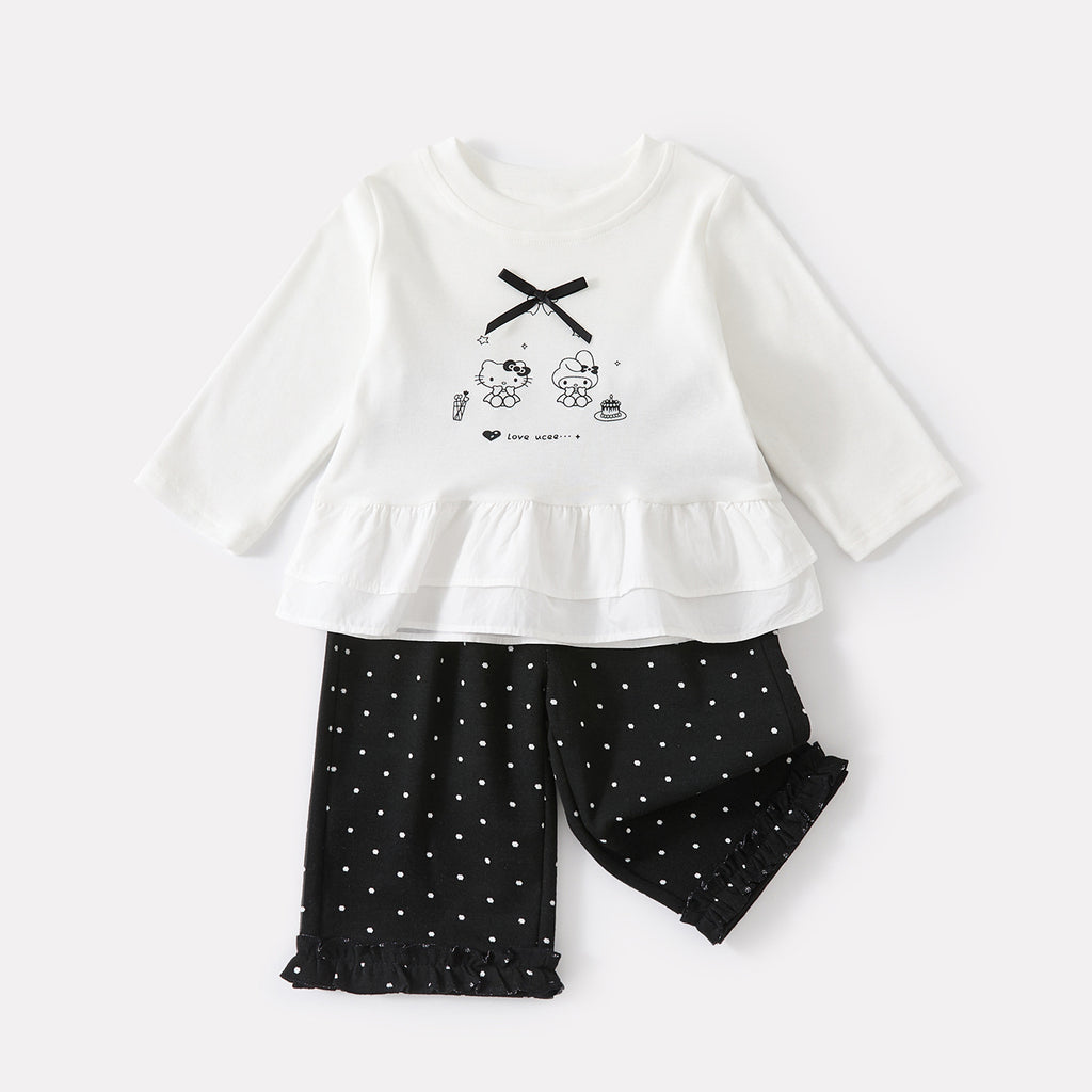 Cartoon Print Long Sleeve T-Shirt with Polka Dot Ruffled Straight Pants Two-Piece Set