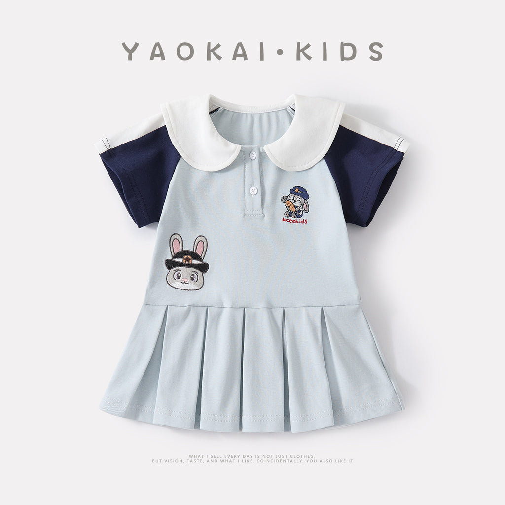 Cartoon Embroidery Princess Dress Sweet Peter Pan Collar Color-block Short Sleeve Dress