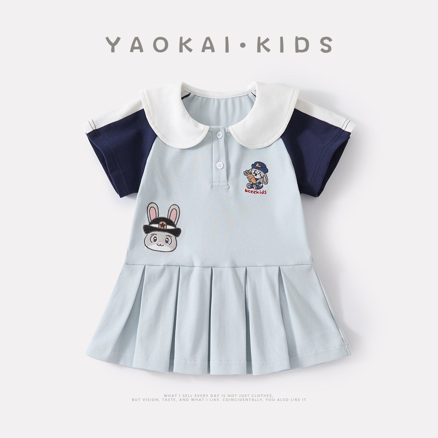 Cartoon Embroidery Princess Dress Sweet Peter Pan Collar Color-block Short Sleeve Dress