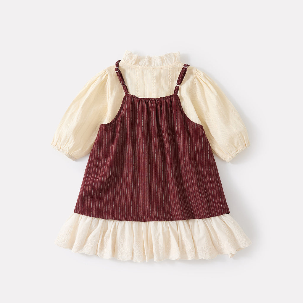 Cute Simple Puff Sleeve Blouse for Girls Striped Romper Set Two-Piece Outfit