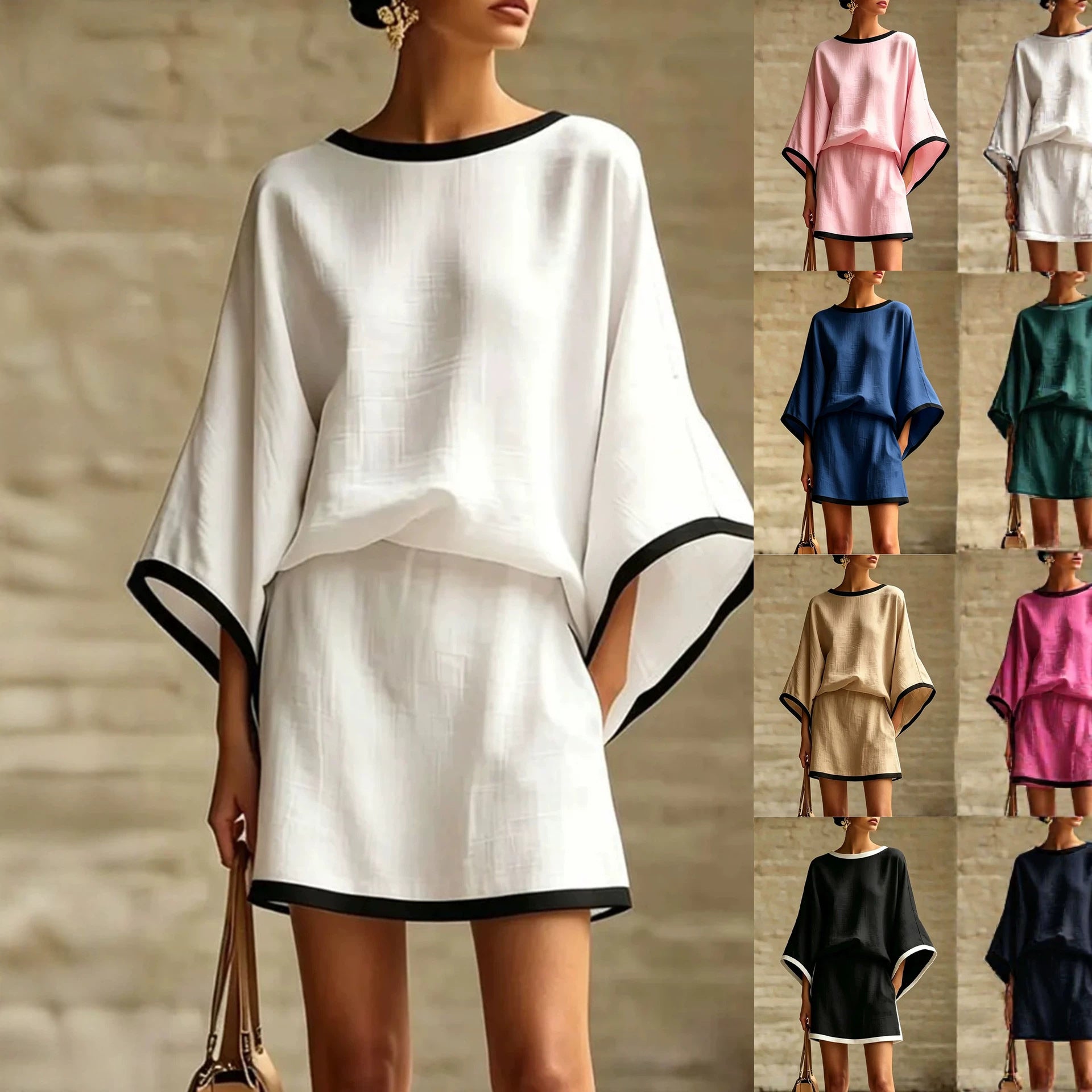 Cotton Linen Casual Batwing Sleeve Top and Skirt Two-Piece Set for Women