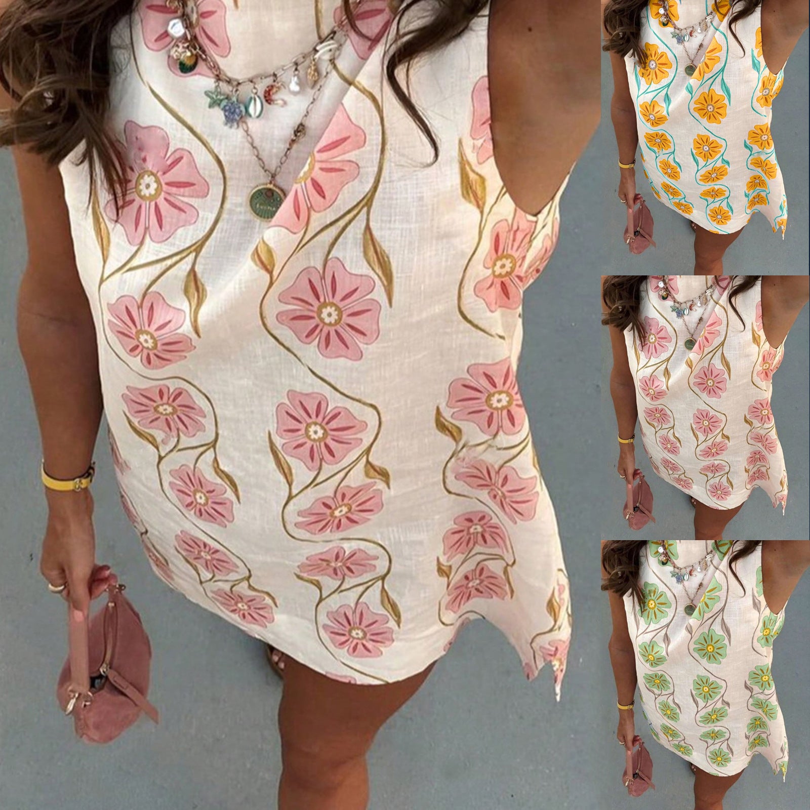 Fashionable Pink Floral Round Neck Sleeveless Vest Dress for Women Casual Summer Style