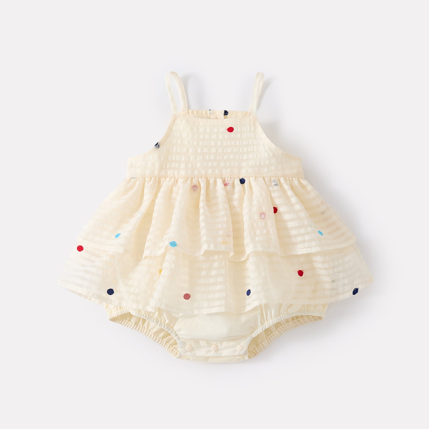 Sweet Patchwork Polka Dot Strap Romper for Girls, Casual Breathable One-Piece Crawler