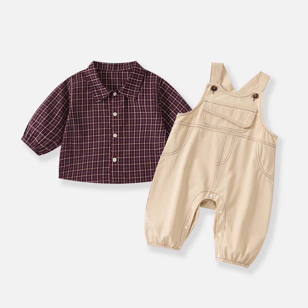 Casual Simple Plaid Shirt Baby Open Crotch Elastic Cuff Overalls Two-Piece Set