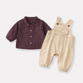Casual Simple Plaid Shirt Baby Open Crotch Elastic Cuff Overalls Two-Piece Set