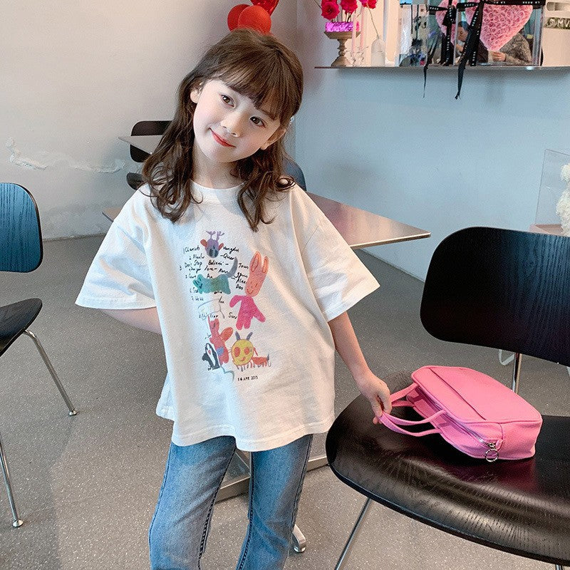 Children's T-Shirt  Girls White Short Sleeve Basic Tee for Medium to Large Kids Apparel