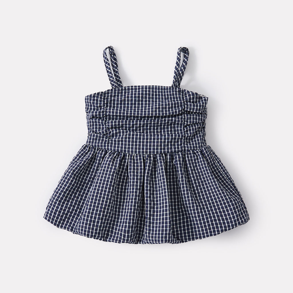 Sweet Checkered Strap Top and Casual Simple Shorts Two-Piece Set for Baby Girls