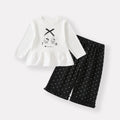 Cartoon Print Long Sleeve T-Shirt with Polka Dot Ruffled Straight Pants Two-Piece Set