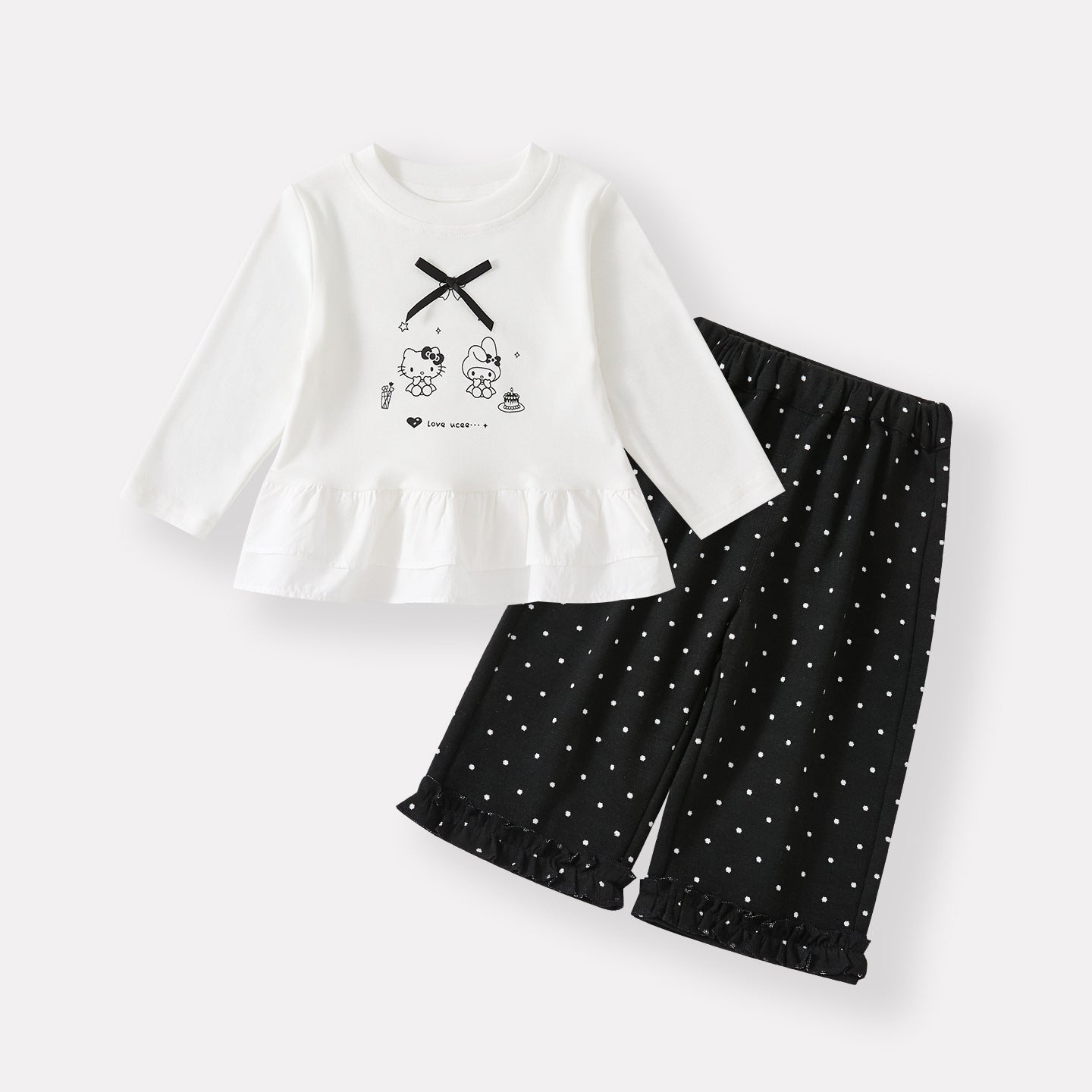 Cartoon Print Long Sleeve T-Shirt with Polka Dot Ruffled Straight Pants Two-Piece Set
