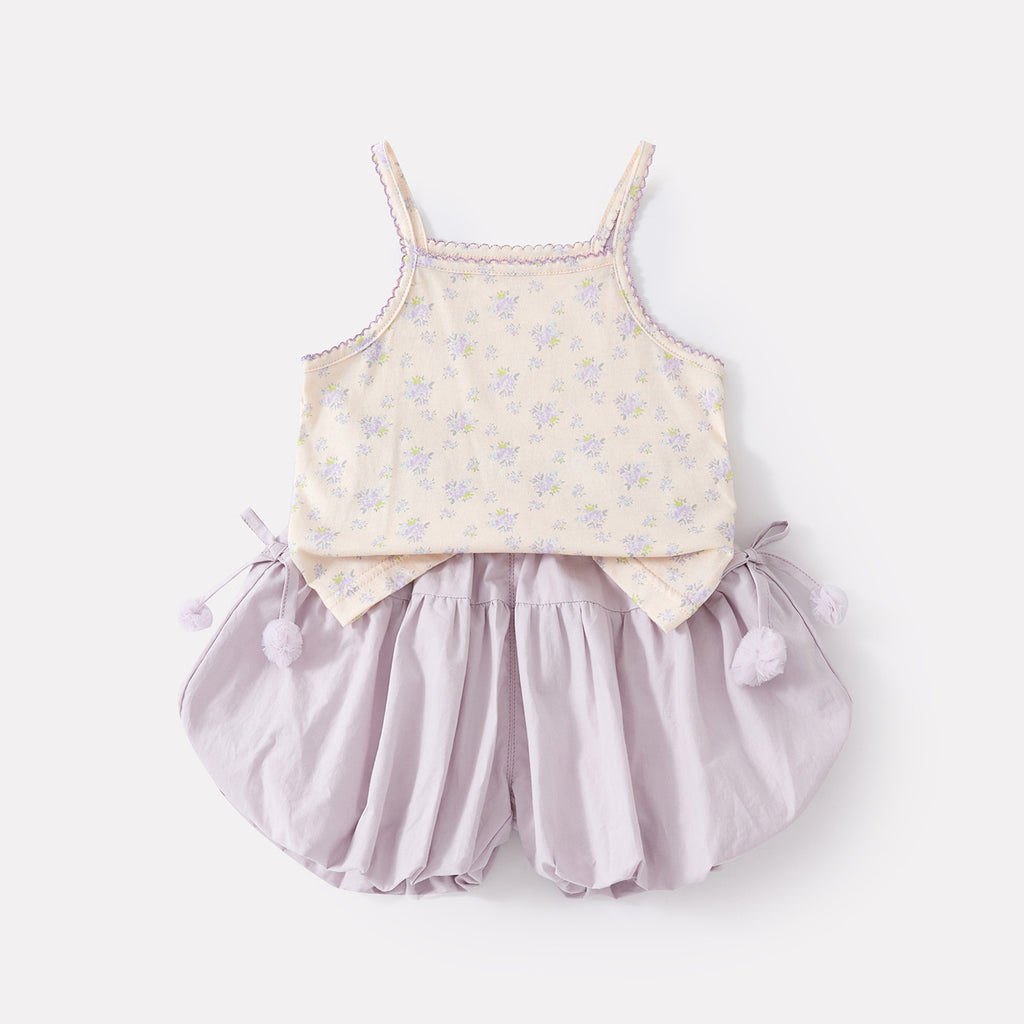 Sweet Floral Strap Top with Puff Short Pants Set, Lightweight Two-Piece Outfit
