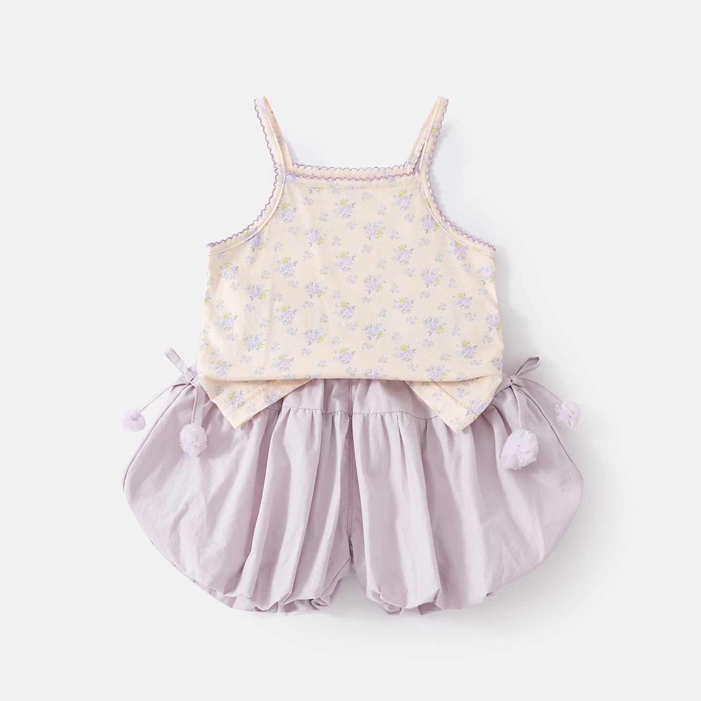 Sweet Floral Strap Top with Puff Short Pants Set, Lightweight Two-Piece Outfit