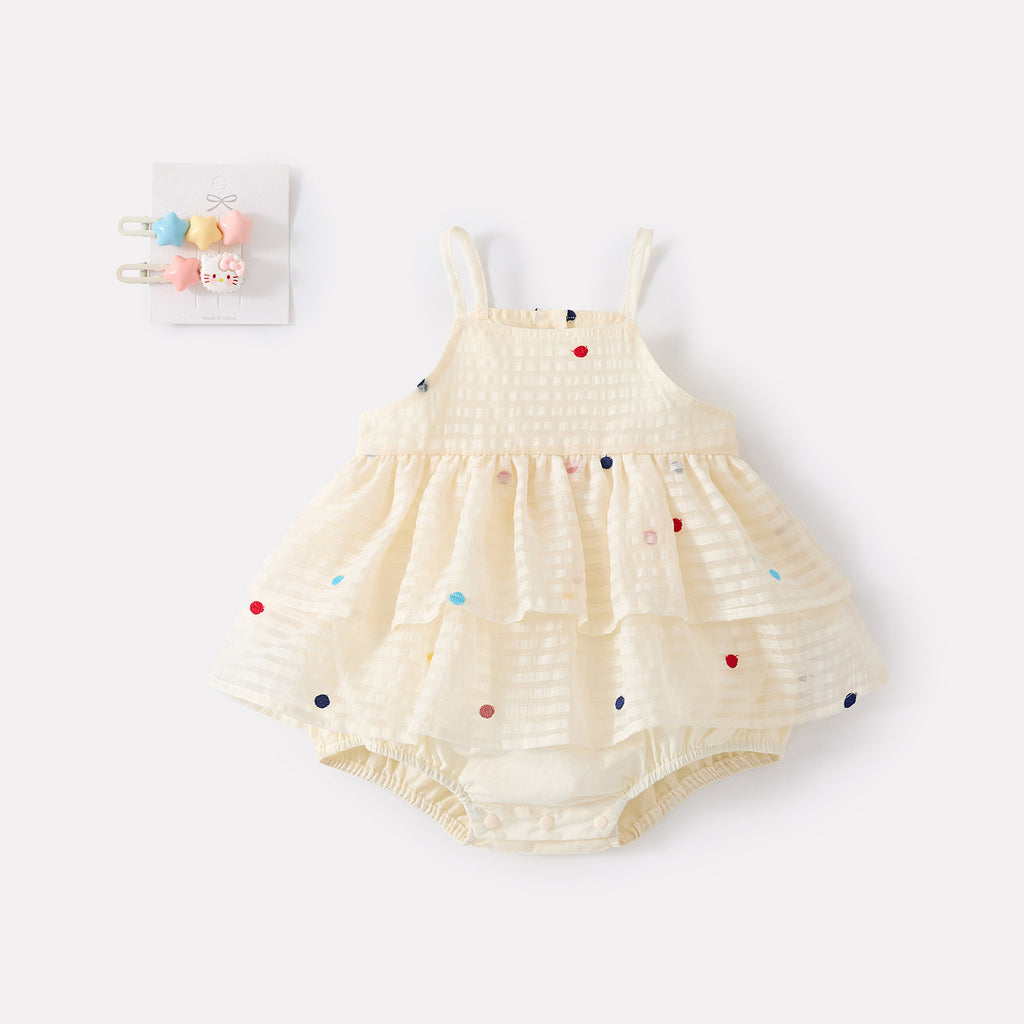 Sweet Patchwork Polka Dot Strap Romper for Girls, Casual Breathable One-Piece Crawler