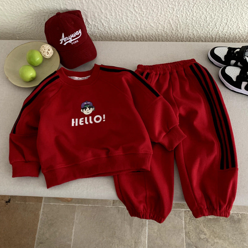 Boy's letter fake two-piece hoodie two-piece set