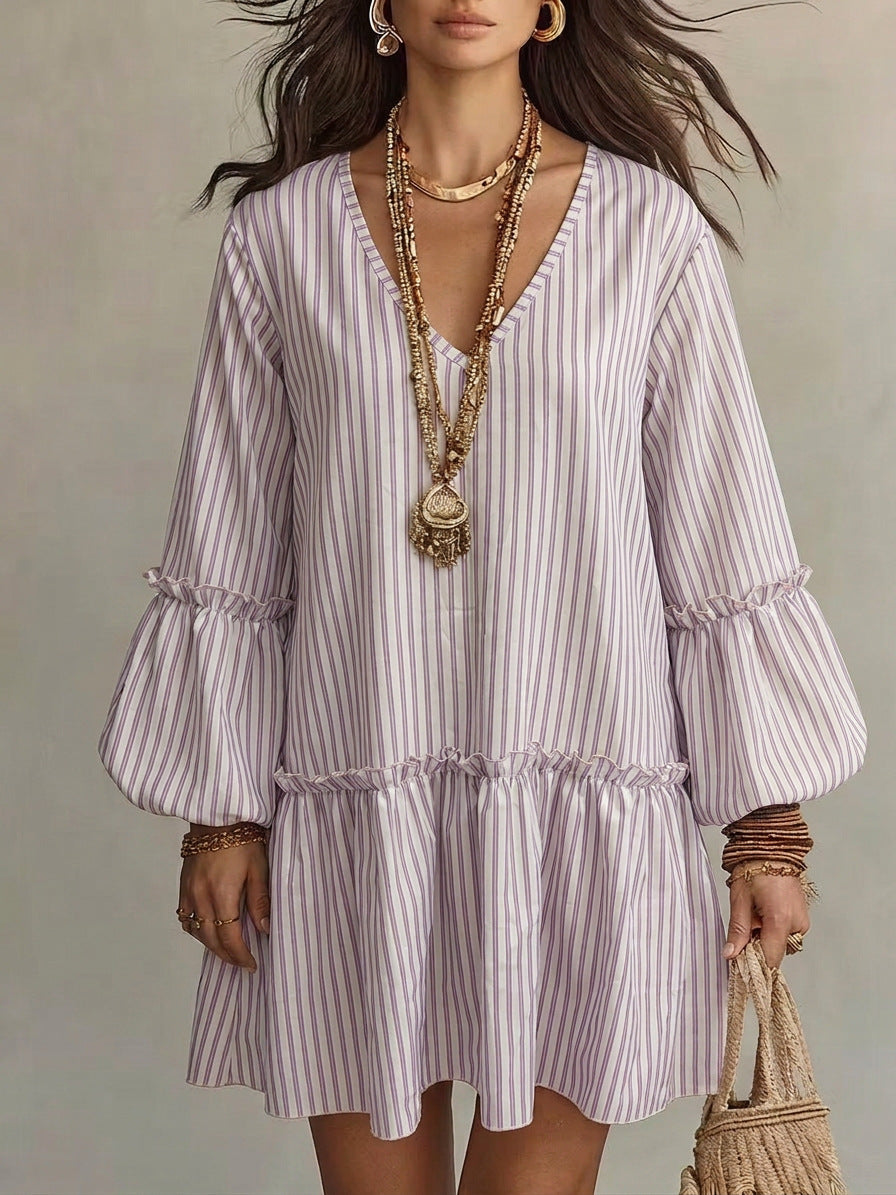 Style Autumn New Women's Long Sleeve Dress Stripe Print V-Neck Lantern Sleeve Loose Mini Dress