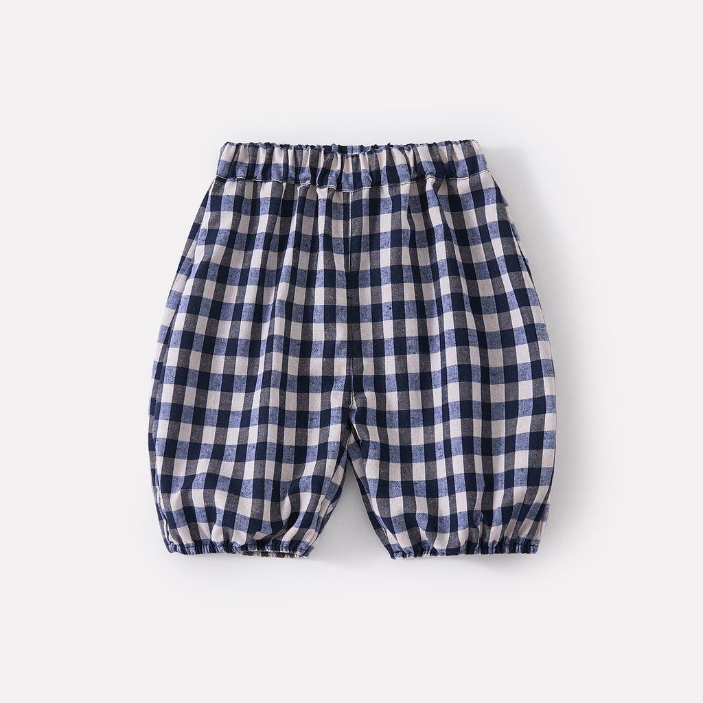 Color-Block Collar Cartoon Dog Short Sleeve Baby Lightweight Cuffed Checkered Pants Stylish Two-Piece Set