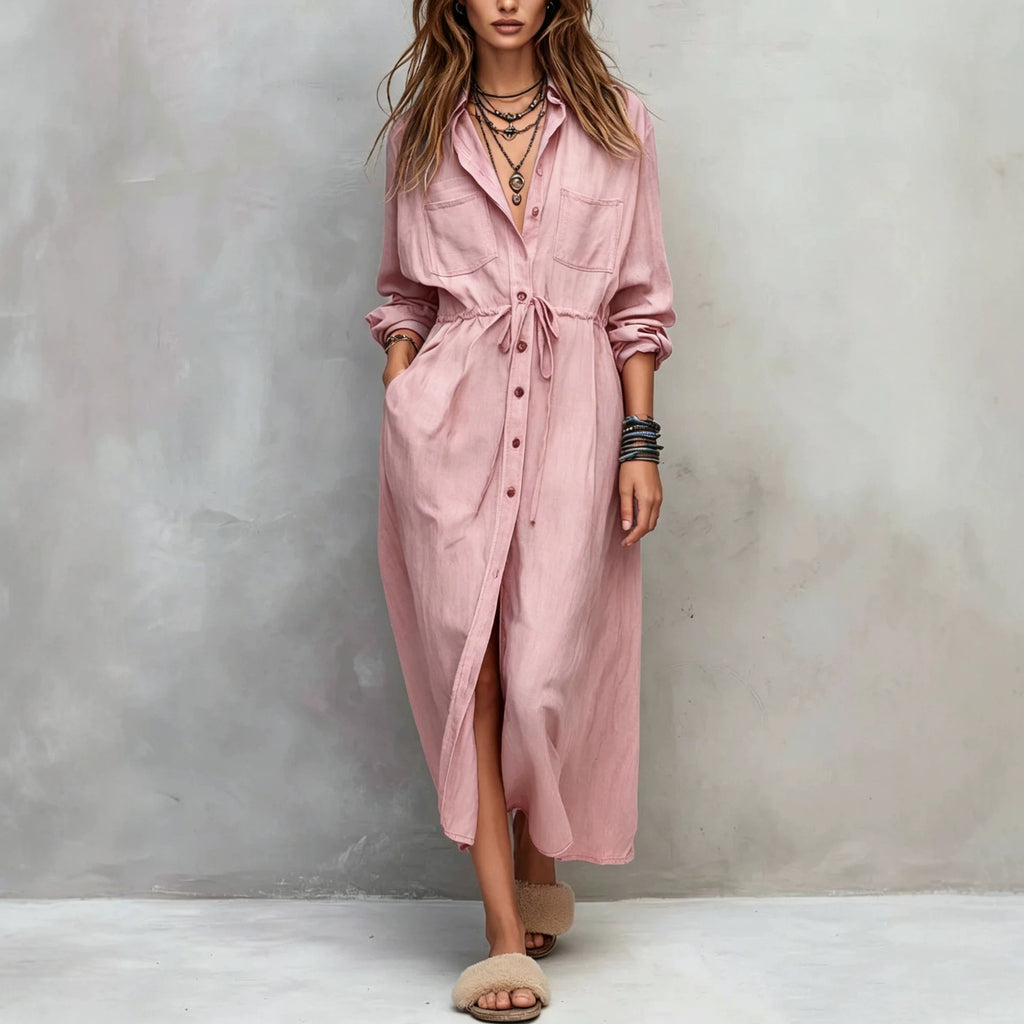 Spring and Autumn Casual Drawstring Waist Shirt Dress Loose Style for Women