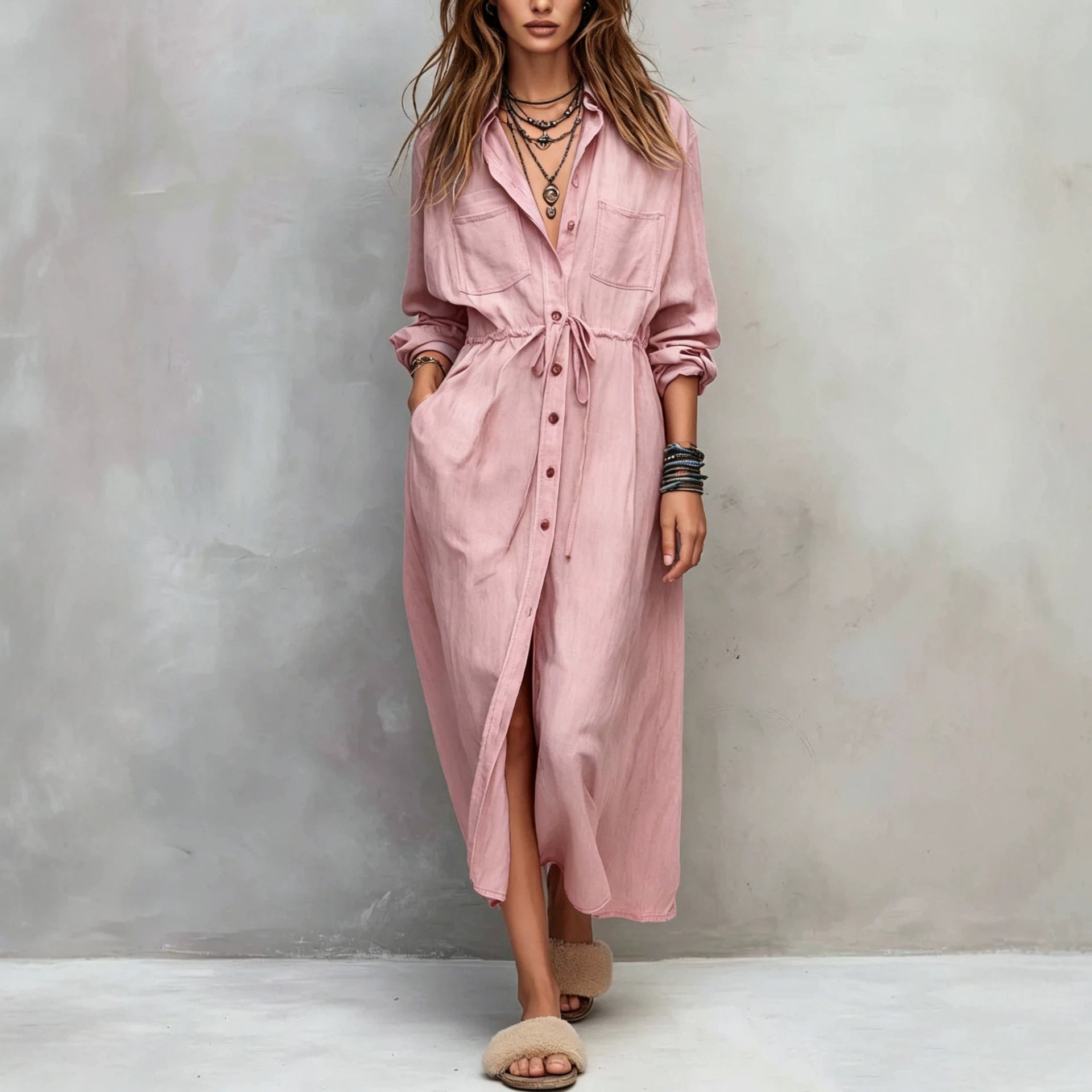 Spring and Autumn Casual Drawstring Waist Shirt Dress Loose Style for Women