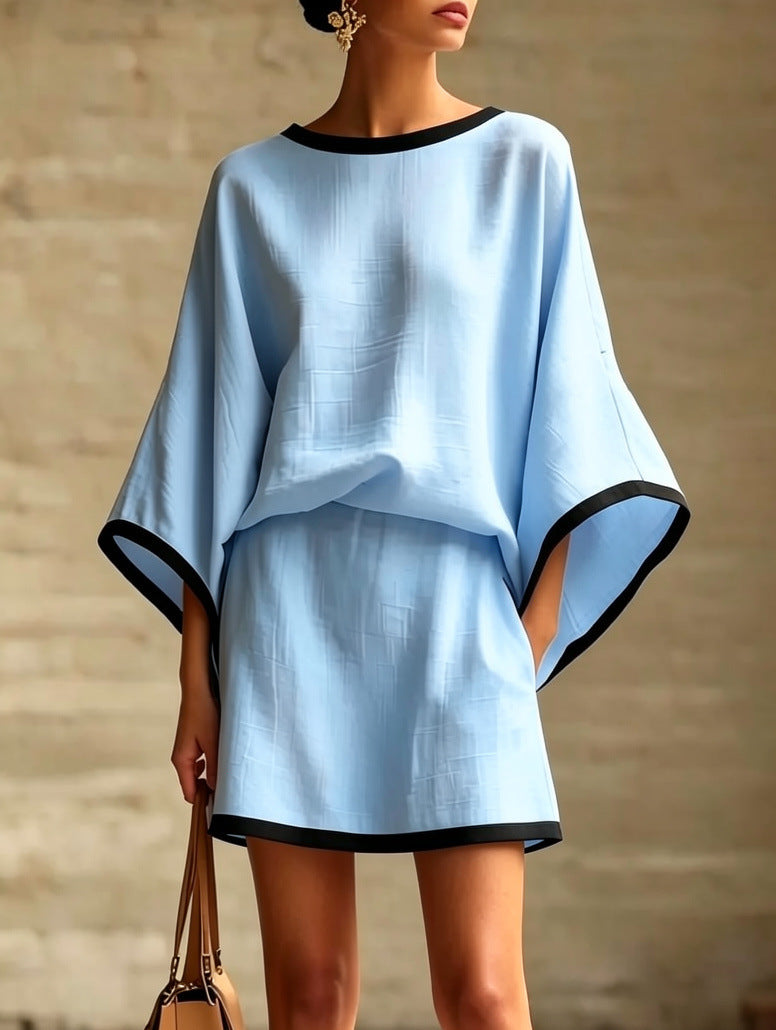 Cotton Linen Casual Batwing Sleeve Top and Skirt Two-Piece Set for Women