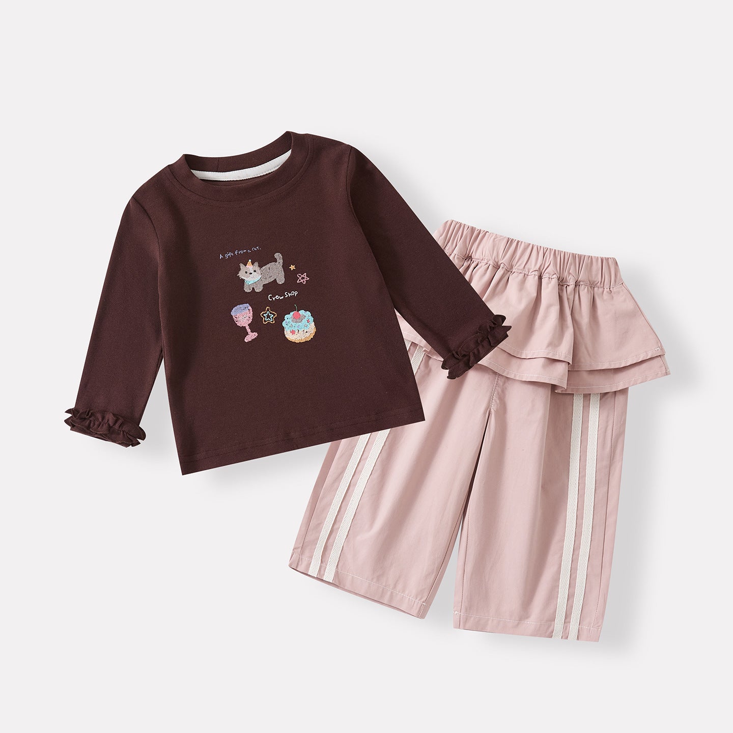 Cartoon Print Bodysuit for Baby Girls Zipper Paneled Diaper Cover Wide Leg Pants Two-piece Set