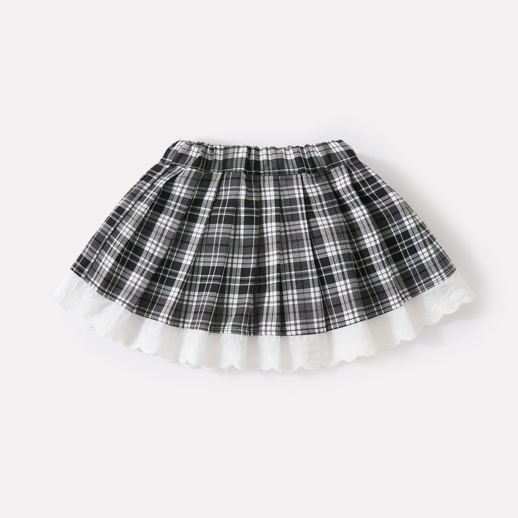 Turn-Down Collar Sweater and Plaid Lace Trim Pleated Skirt Set for Baby Girls