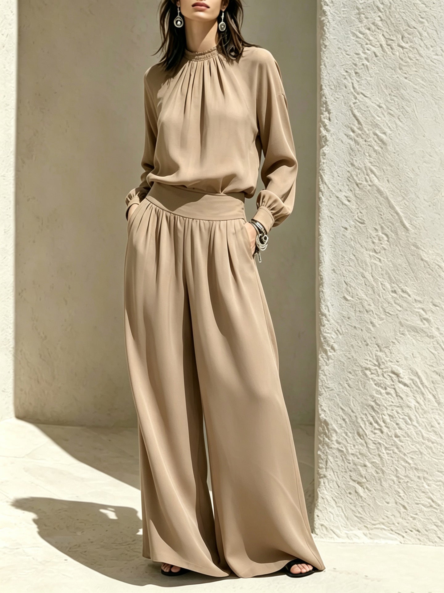 Casual Solid Color Long Sleeve Stand-up Collar Loose Fit Women's Fashion Set BlouseWide-leg Pants