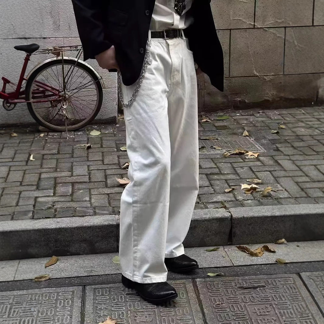 American Retro Minimalist White Loose Jeans Unisex Trendy Relaxed Straight Leg Wide Leg Casual Pants
