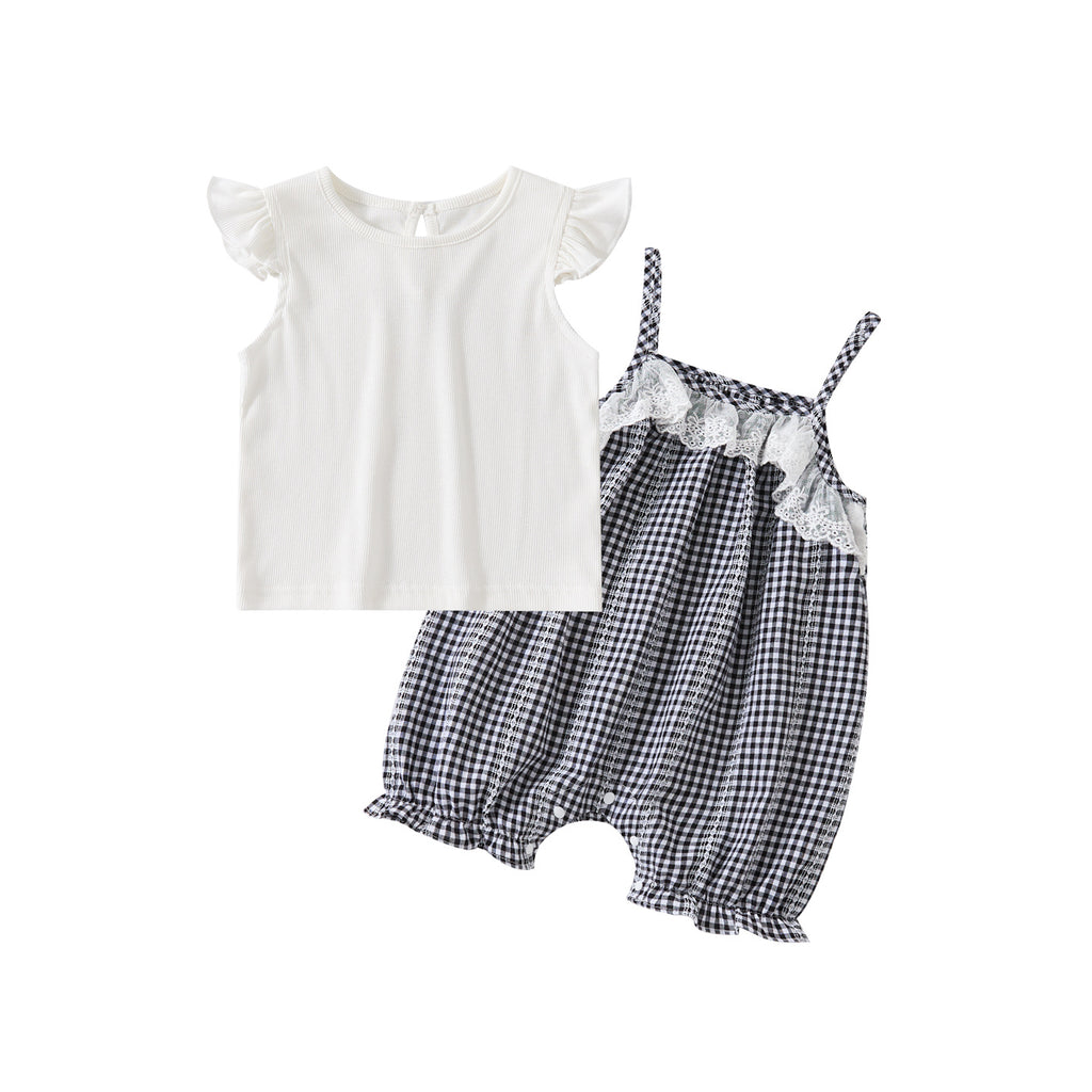Baby Fresh Sleeveless Top with Ruffles,  Patchwork Lace Checkered Strap Romper Two-Piece Set