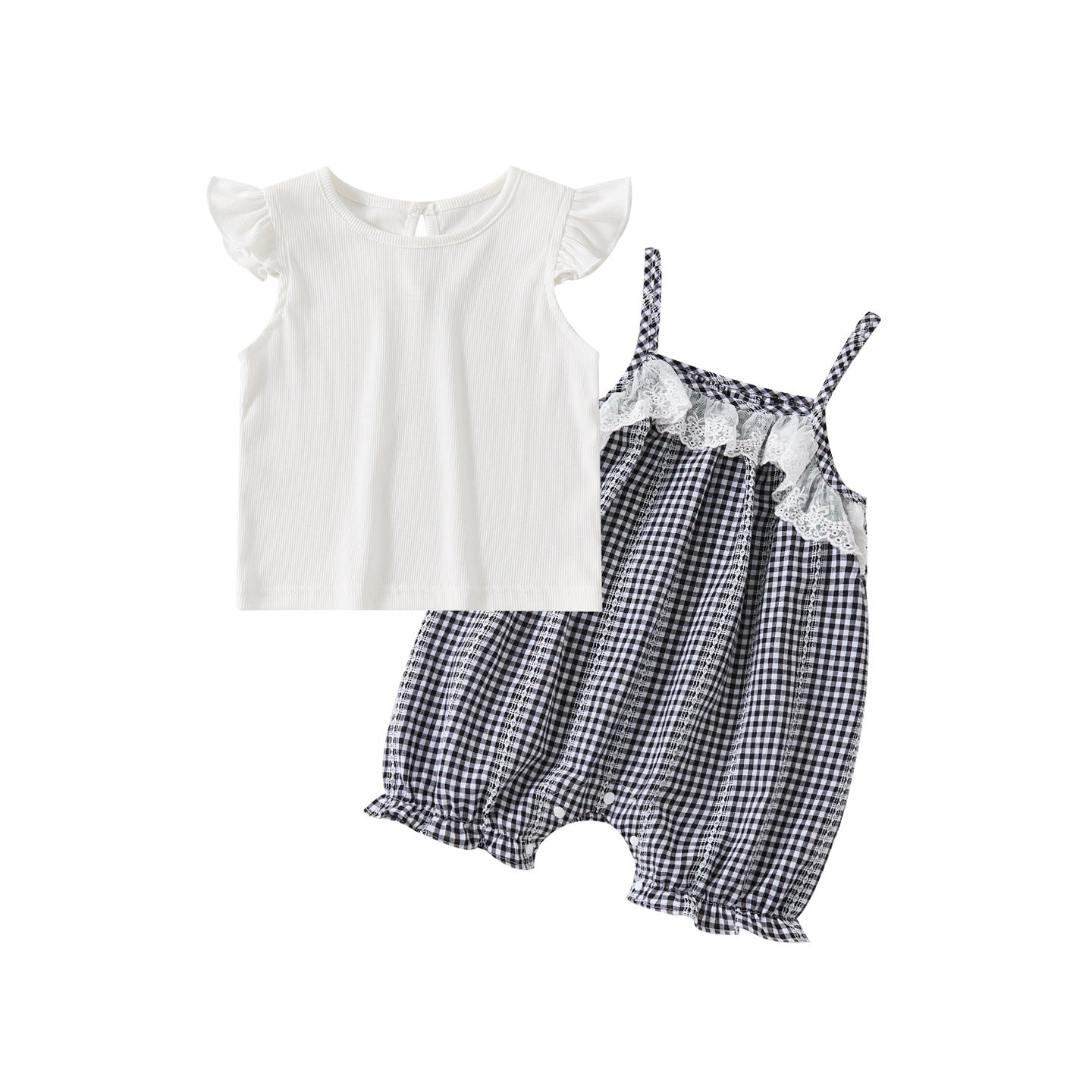 Baby Fresh Sleeveless Top with Ruffles,  Patchwork Lace Checkered Strap Romper Two-Piece Set
