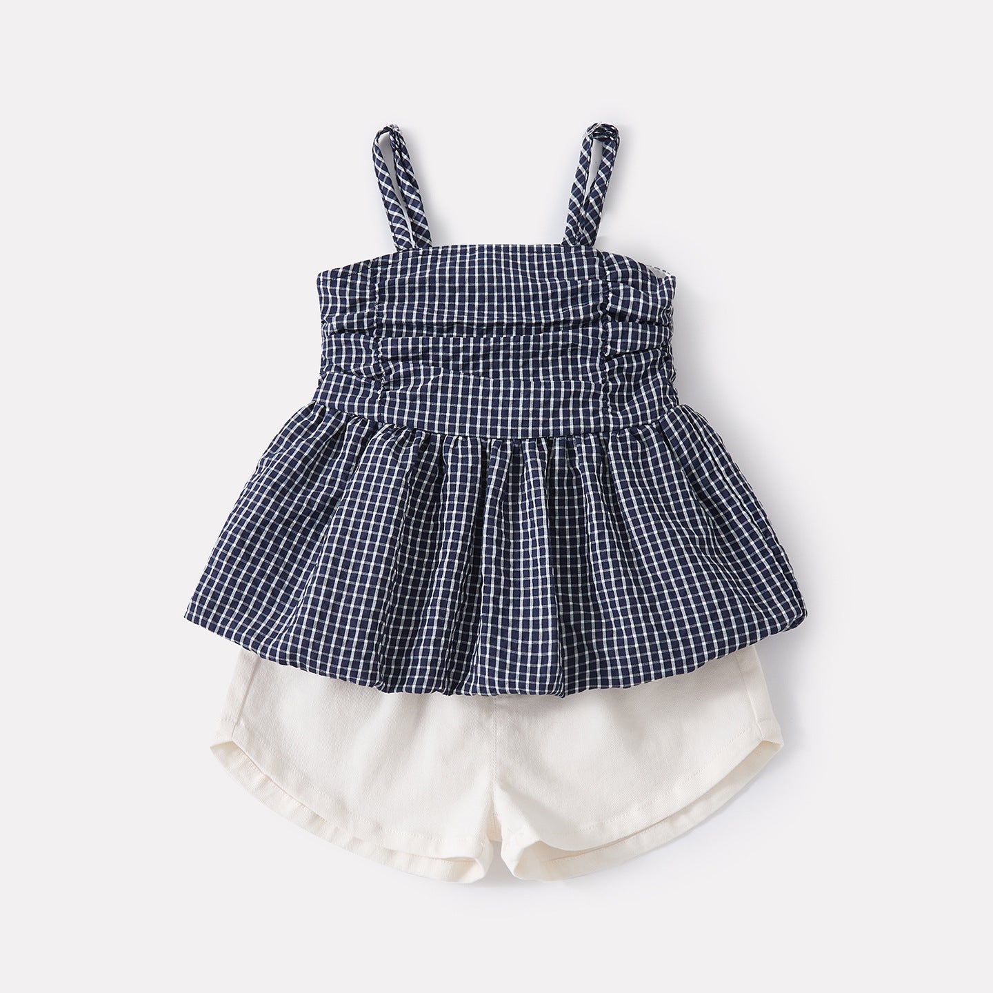 Sweet Checkered Strap Top and Casual Simple Shorts Two-Piece Set for Baby Girls