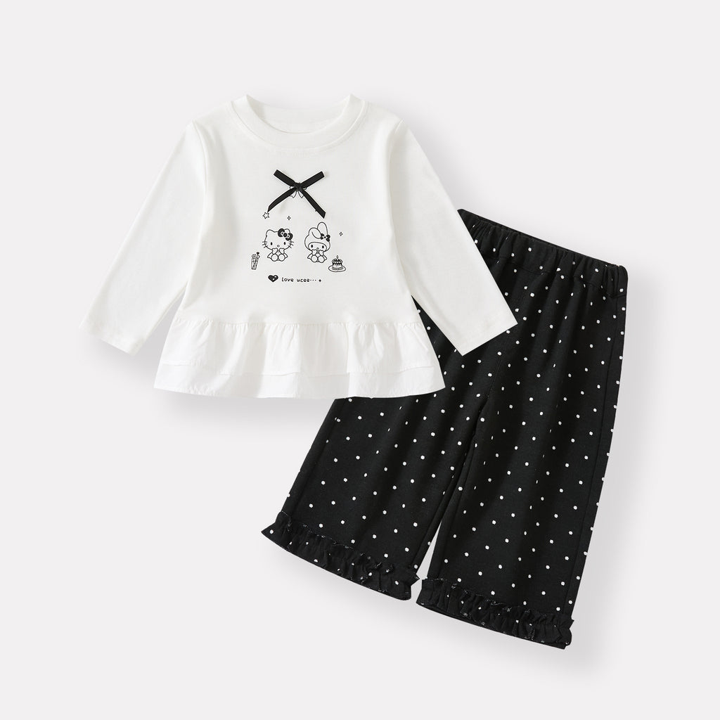 Cartoon Print Long Sleeve T-Shirt with Polka Dot Ruffled Straight Pants Two-Piece Set