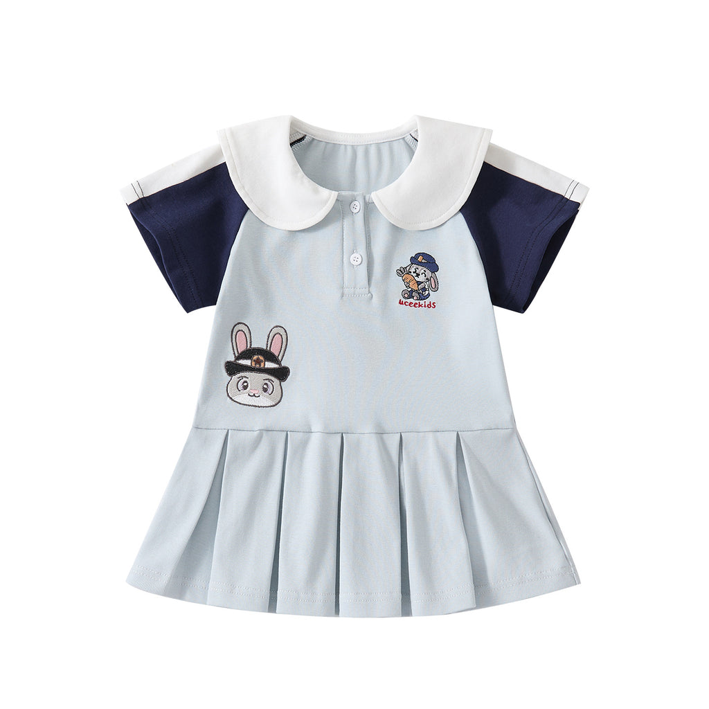 Cartoon Embroidery Princess Dress Sweet Peter Pan Collar Color-block Short Sleeve Dress