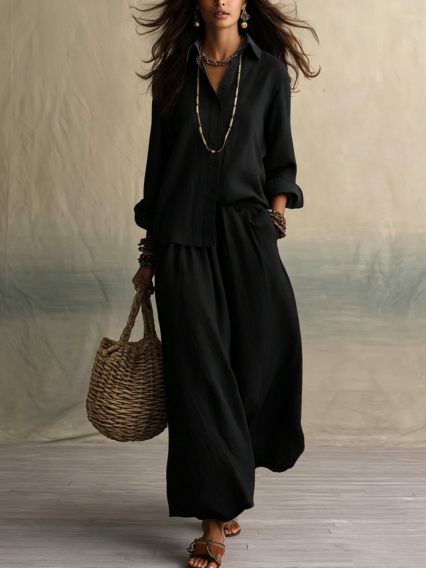 Summer High-End Shirt Collar Outfit Loose Cotton Linen Women's Set