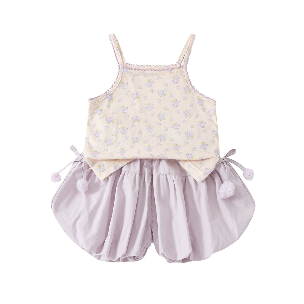 Sweet Floral Strap Top with Puff Short Pants Set, Lightweight Two-Piece Outfit