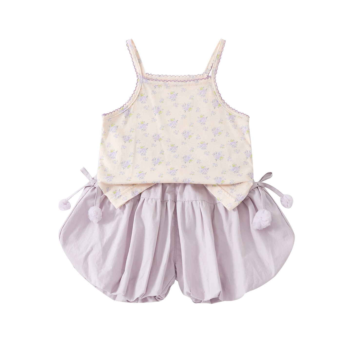 Sweet Floral Strap Top with Puff Short Pants Set, Lightweight Two-Piece Outfit