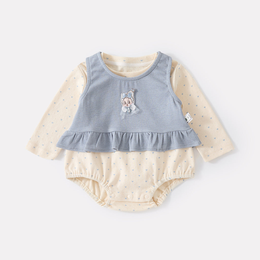 Cute Cartoon Strap Baby Girl  Long Sleeve Snap Diaper Set with Heart Print Two-Piece Outfit