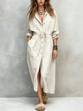 Spring and Autumn Casual Drawstring Waist Shirt Dress Loose Style for Women