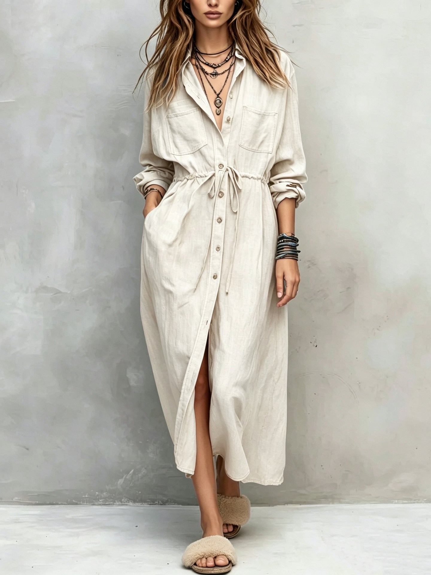 Spring and Autumn Casual Drawstring Waist Shirt Dress Loose Style for Women