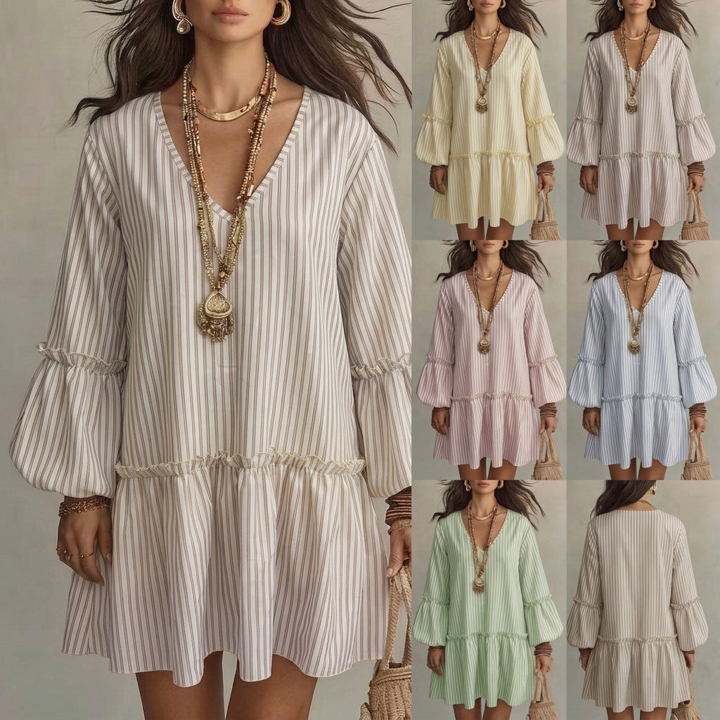Style Autumn New Women's Long Sleeve Dress Stripe Print V-Neck Lantern Sleeve Loose Mini Dress
