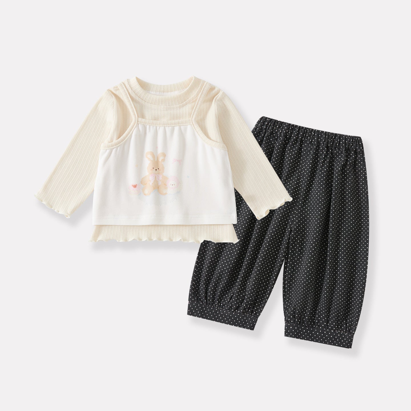 Simple Solid Color Top with Cartoon Strap Loose Polka Dot Cuffed Pants 3-Piece Set