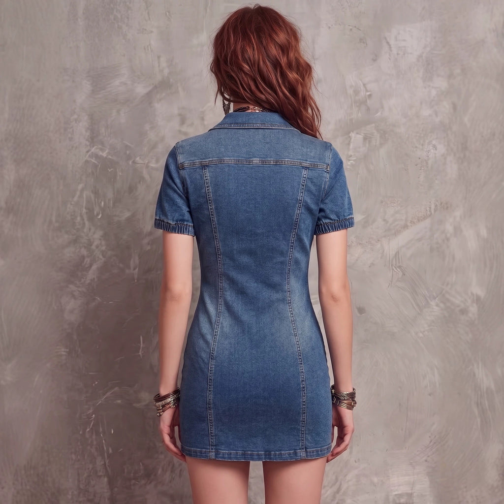 Fashion Elastic Fitted Denim Dress with Sexy Zipper Pocket Design Short Dress